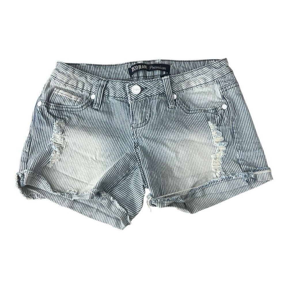 ZCO Jeans Premium Blue Striped Denim Jean Shorts Distressed Junior Size 1 Cotton